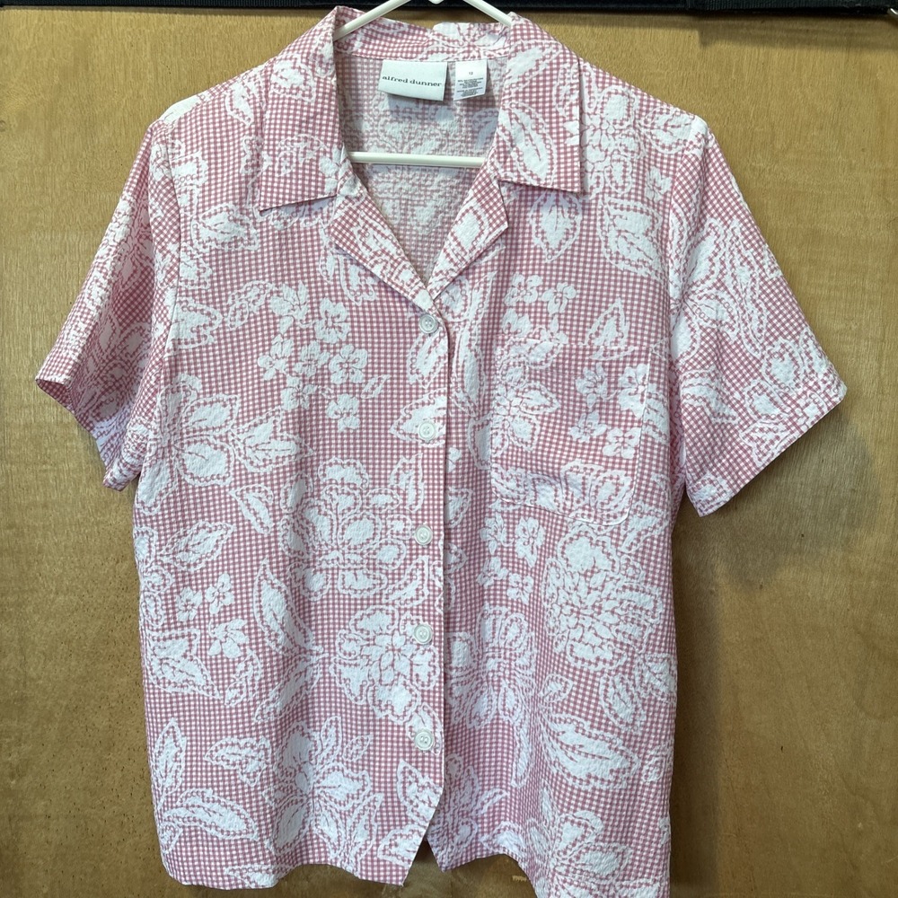 Alfred Dunner Blouse Women 12 Pink Floral Gingham Short Sleeve Top